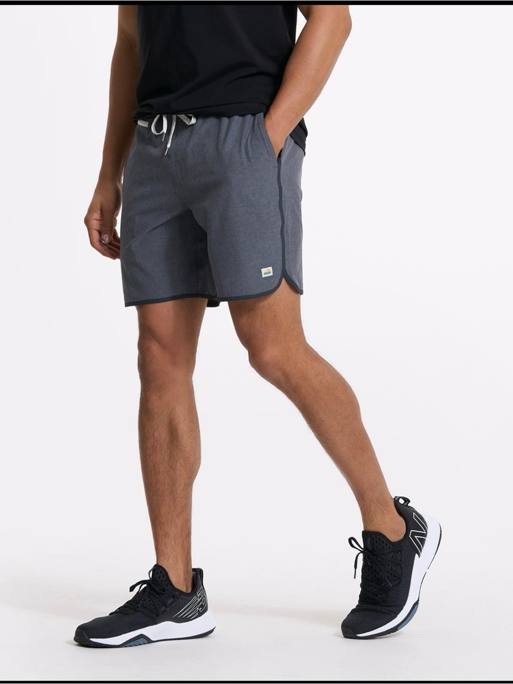 Vuori Banks shorts in charcoal gray with subtle horizontal stripes, Large